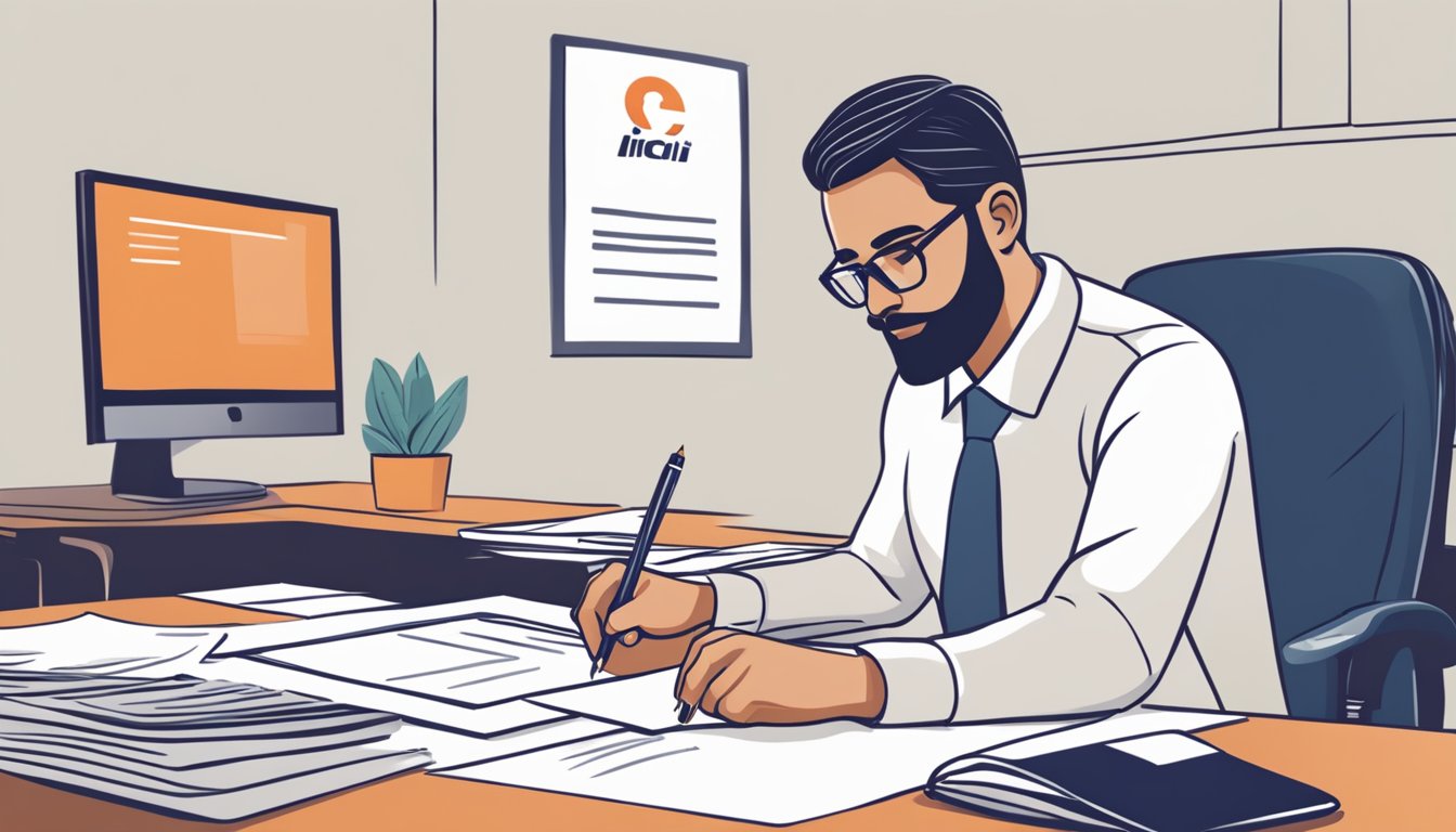A person signing paperwork at a desk with the ICICI logo visible, while an insurance agent explains personal loan insurance