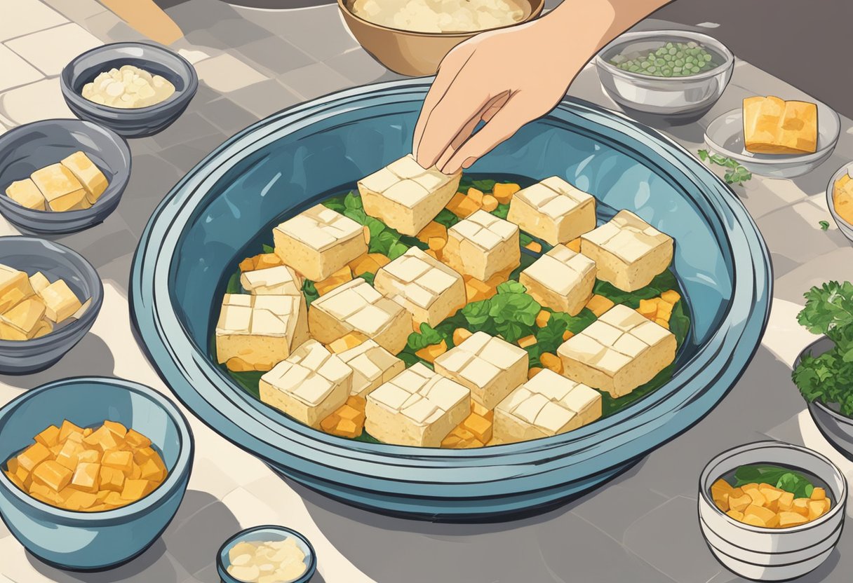 A person mixes fish paste and tofu in a bowl. They shape the mixture into small squares and place them on a plate