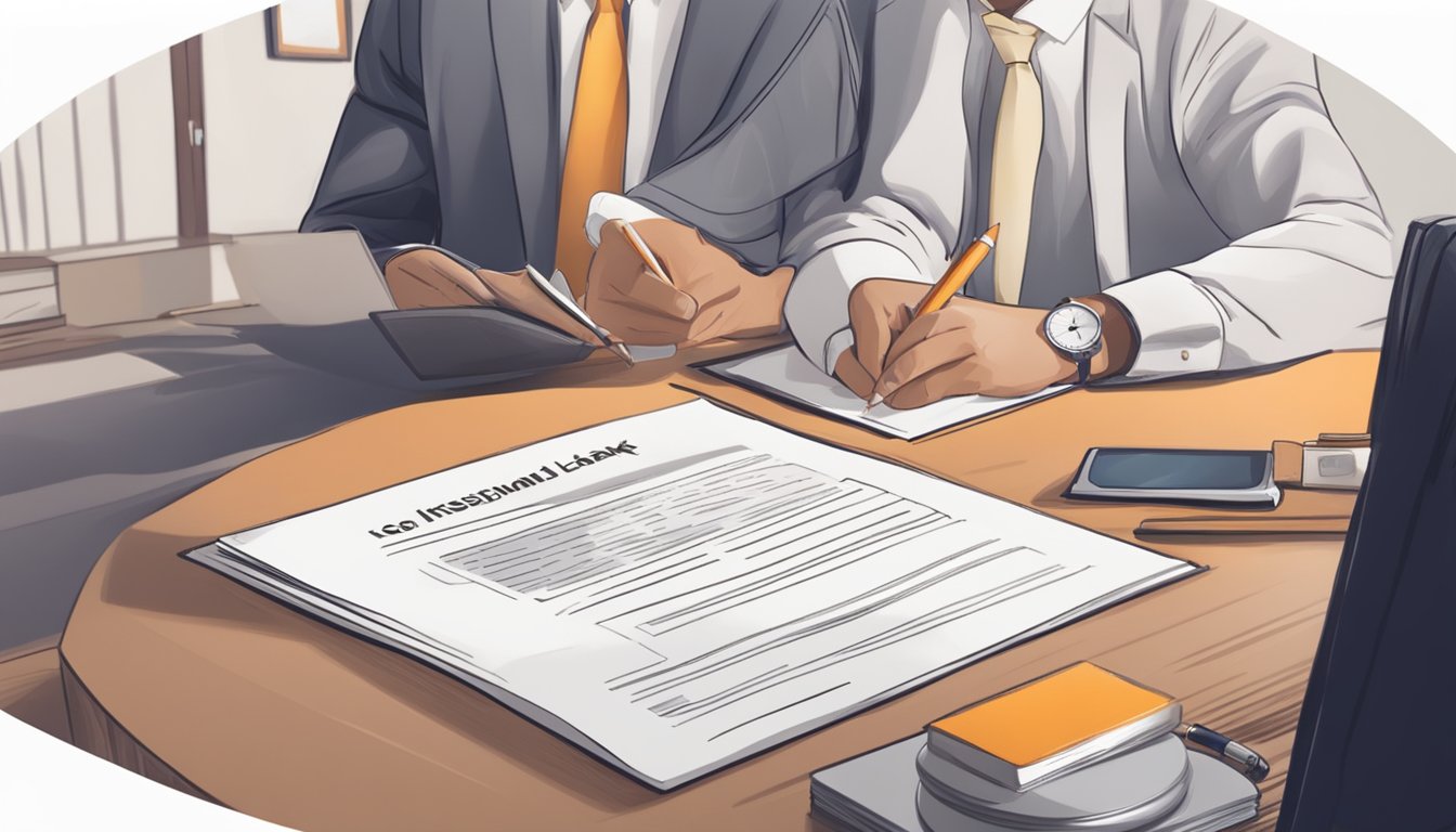 A person signing a personal loan agreement with ICICI Bank, with a visible insurance policy document on the table