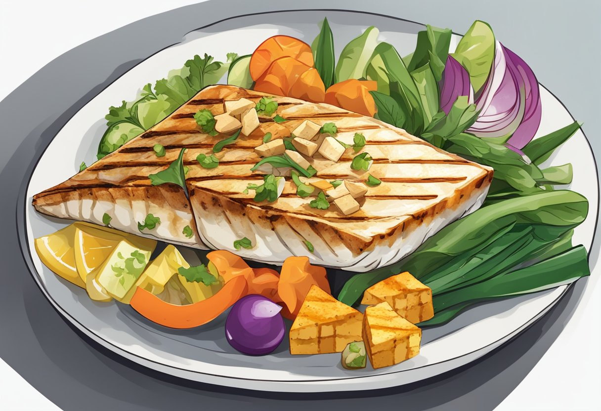 A plate of grilled fish and tofu with colorful vegetables, showcasing the nutritional benefits and considerations of a balanced diet