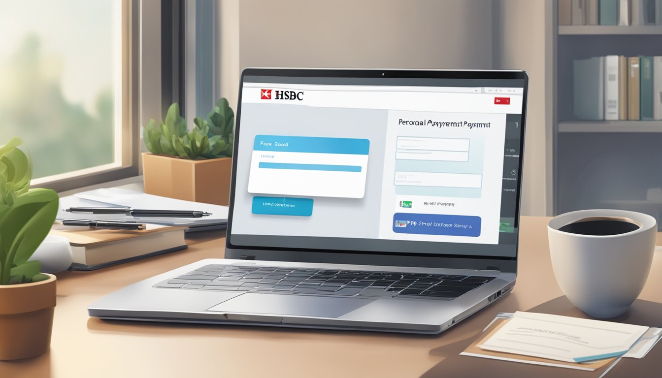A laptop displaying the HSBC website with a personal loan payment form open, a credit card and a smartphone nearby for online payment