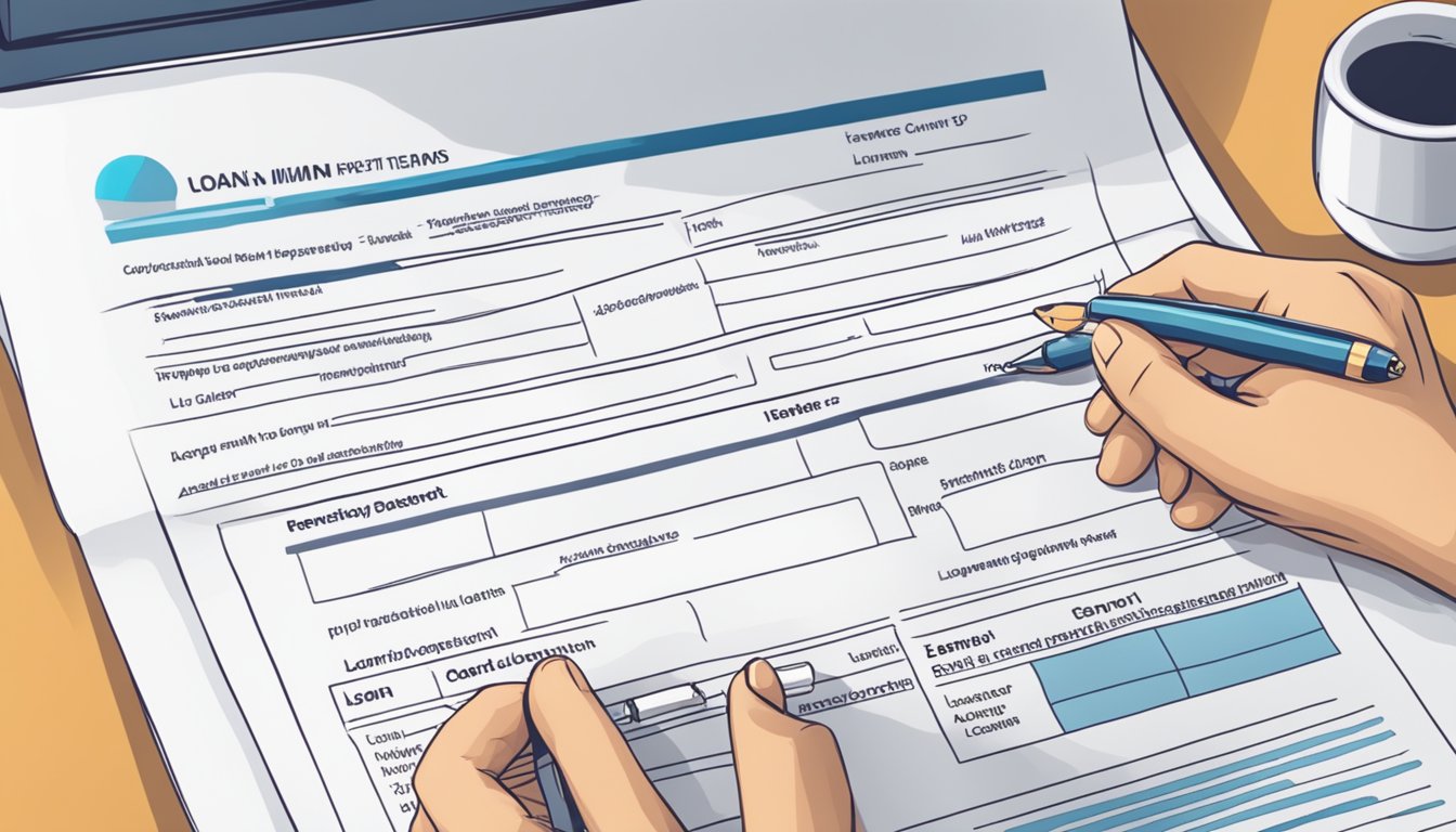 A person fills out a loan application form. They review and sign the repayment terms. The loan limit is displayed prominently