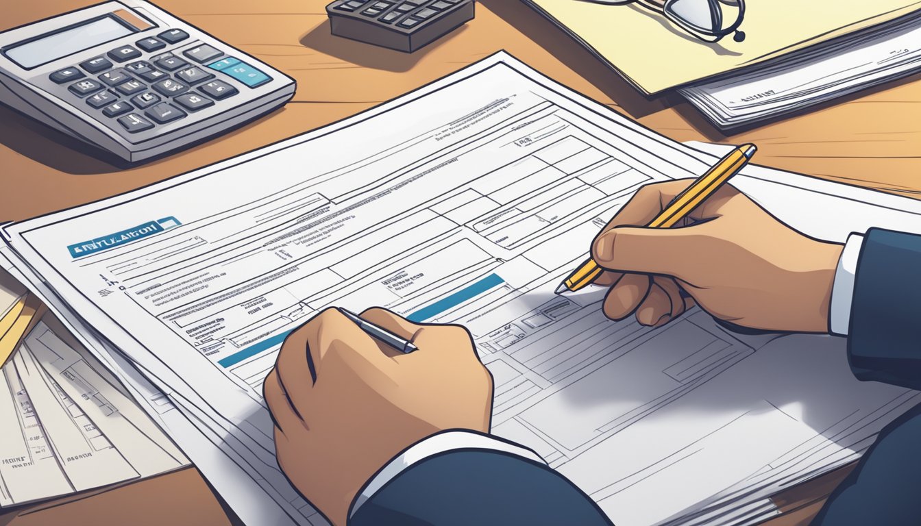 A person filling out a loan application form at a bank, with a pen in hand and various financial documents spread out on the desk