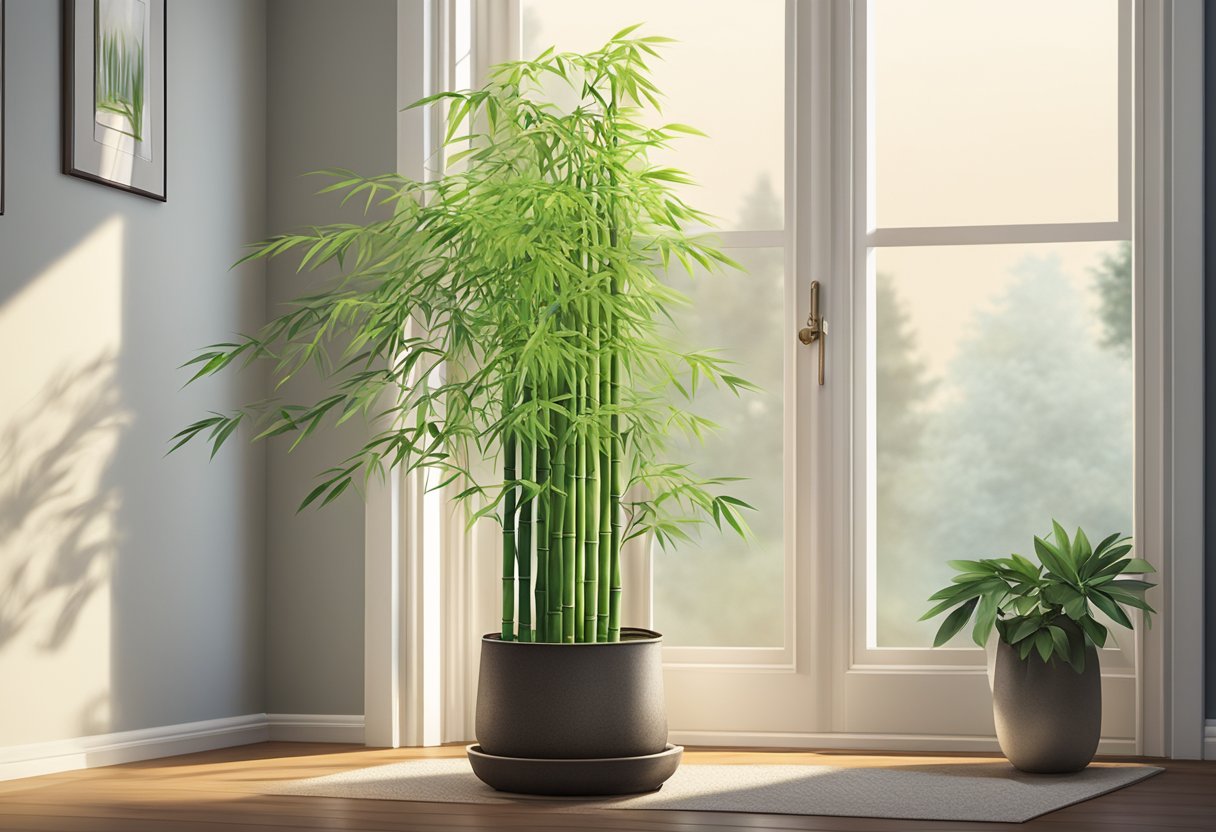 A bamboo plant sits in a well-lit room, placed in a tall, narrow pot filled with well-draining soil. It is watered regularly, with the excess water drained out, and is kept away from direct sunlight to prevent burning
