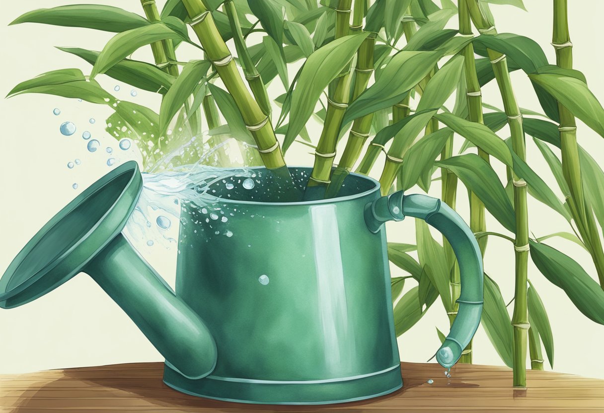 A hand holding a watering can pours water onto a cluster of bamboo plants in a decorative pot