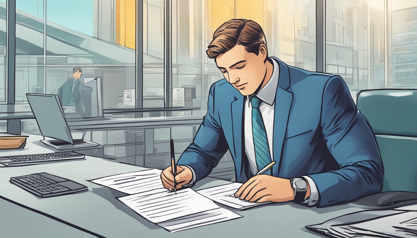 A person signing paperwork for a 40K personal loan at a bank desk