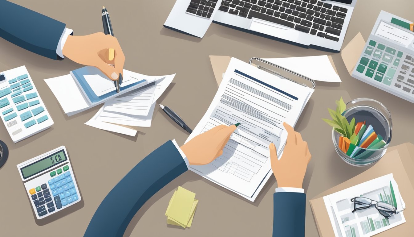 A person signing a loan agreement with a bank representative, surrounded by paperwork and financial documents