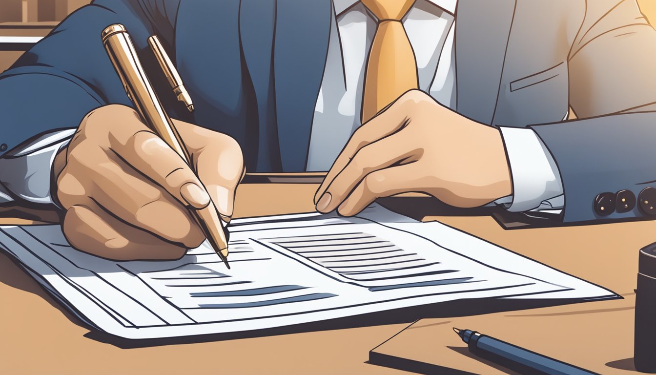 A hand signing a 5-year personal loan agreement on a desk with a pen and paperwork