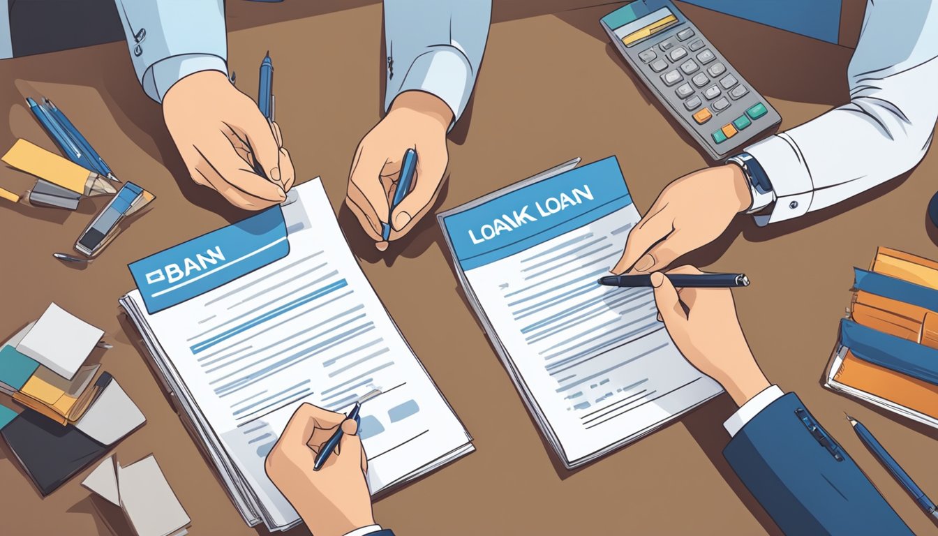 A person signing a 5-year personal loan agreement with a bank representative