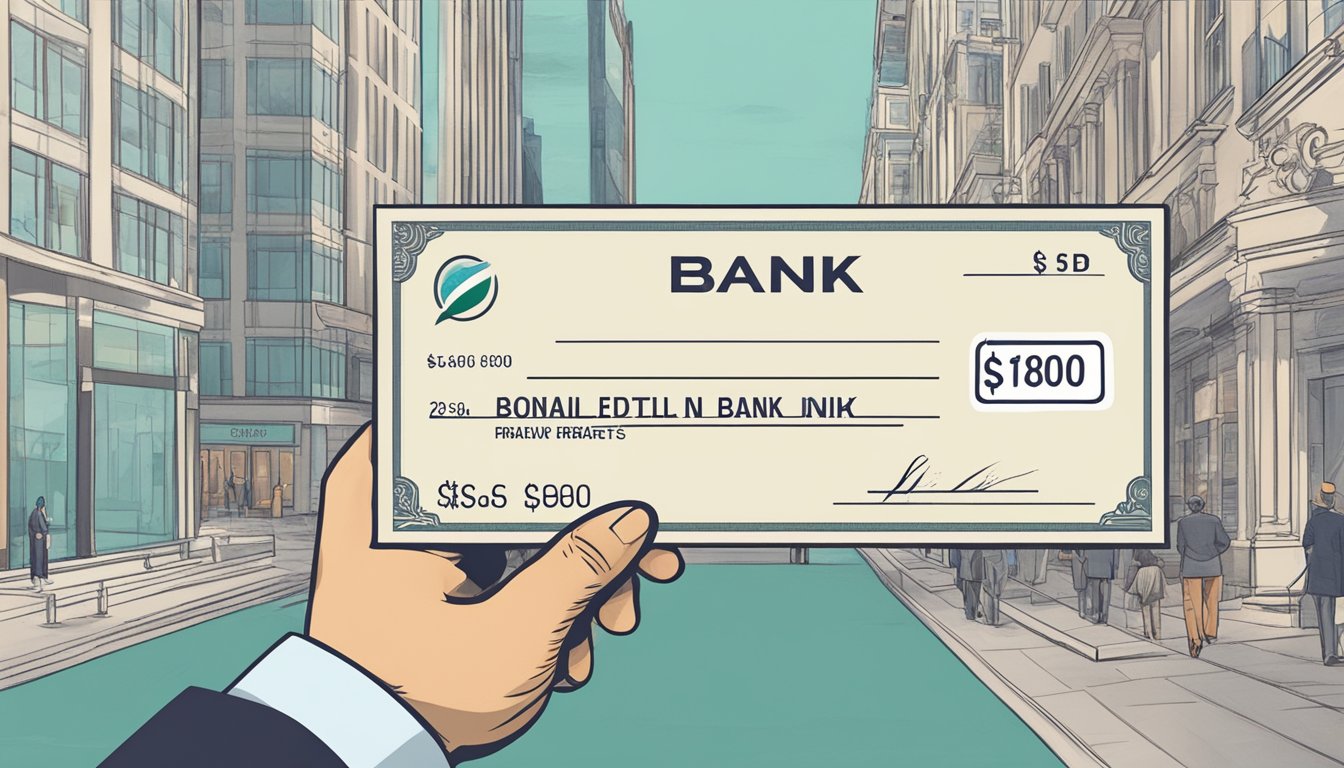 A hand holding a check for $8000 with a bank logo in the background