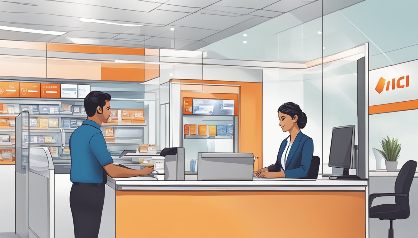 A customer making a personal loan payment at an ICICI bank branch counter, with a bank representative assisting
