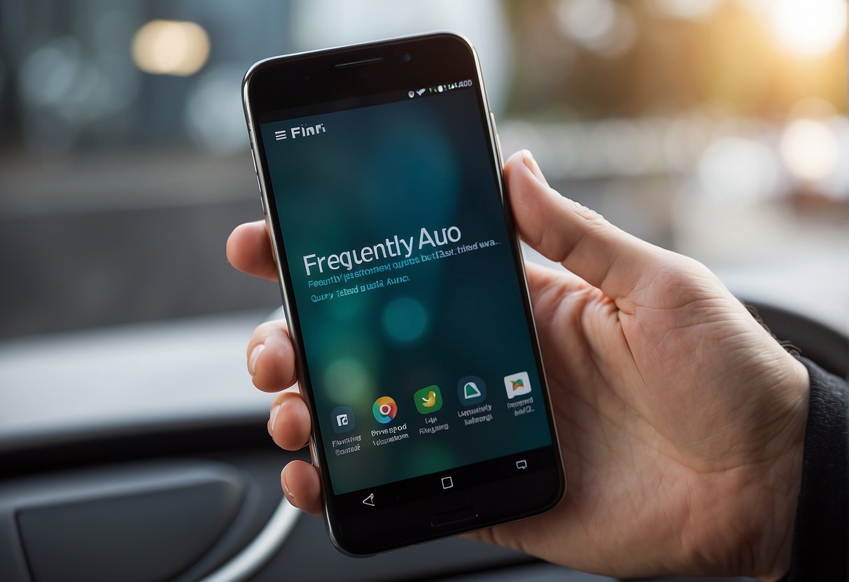A smartphone screen displaying the "Frequently Asked Questions" page with a search bar and the query "wo finde ich android auto auf dem handy" typed in