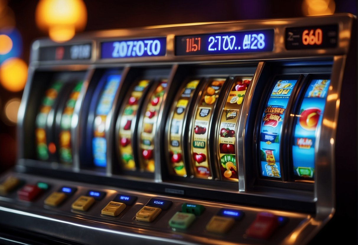 Colorful slot machine with flashing lights and spinning reels. Icons of fruits, numbers, and symbols. Exciting atmosphere with sound effects and anticipation