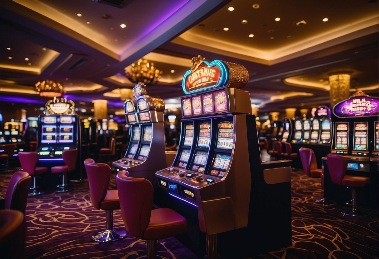 A vibrant casino setting with colorful slot machines and flashing lights. The room is filled with excitement and anticipation as players try their luck on the Pragmatic Play demo slots