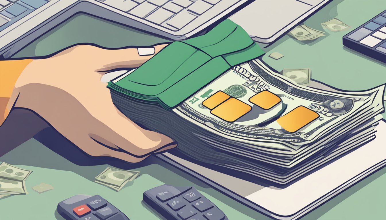 A hand holding a stack of cash while making a payment online