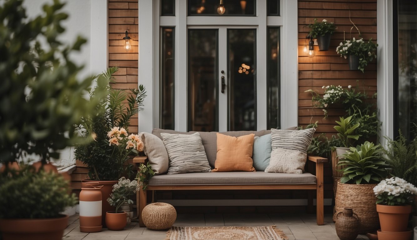 A small porch with potted plants, cozy seating, string lights, a welcome mat, a small table with a vase of flowers, and decorative pillows