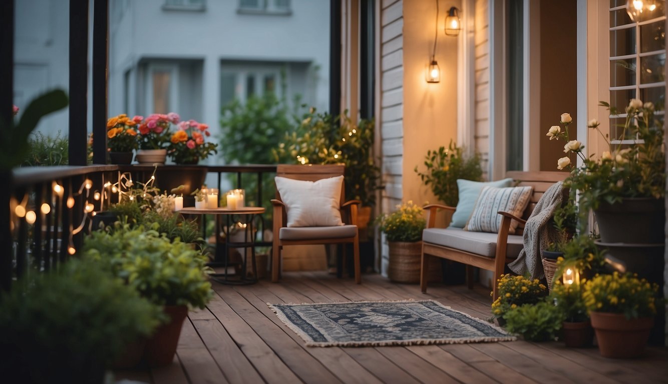 A small porch with potted plants, cozy seating, string lights, a welcome mat, and a small table with a vase of fresh flowers