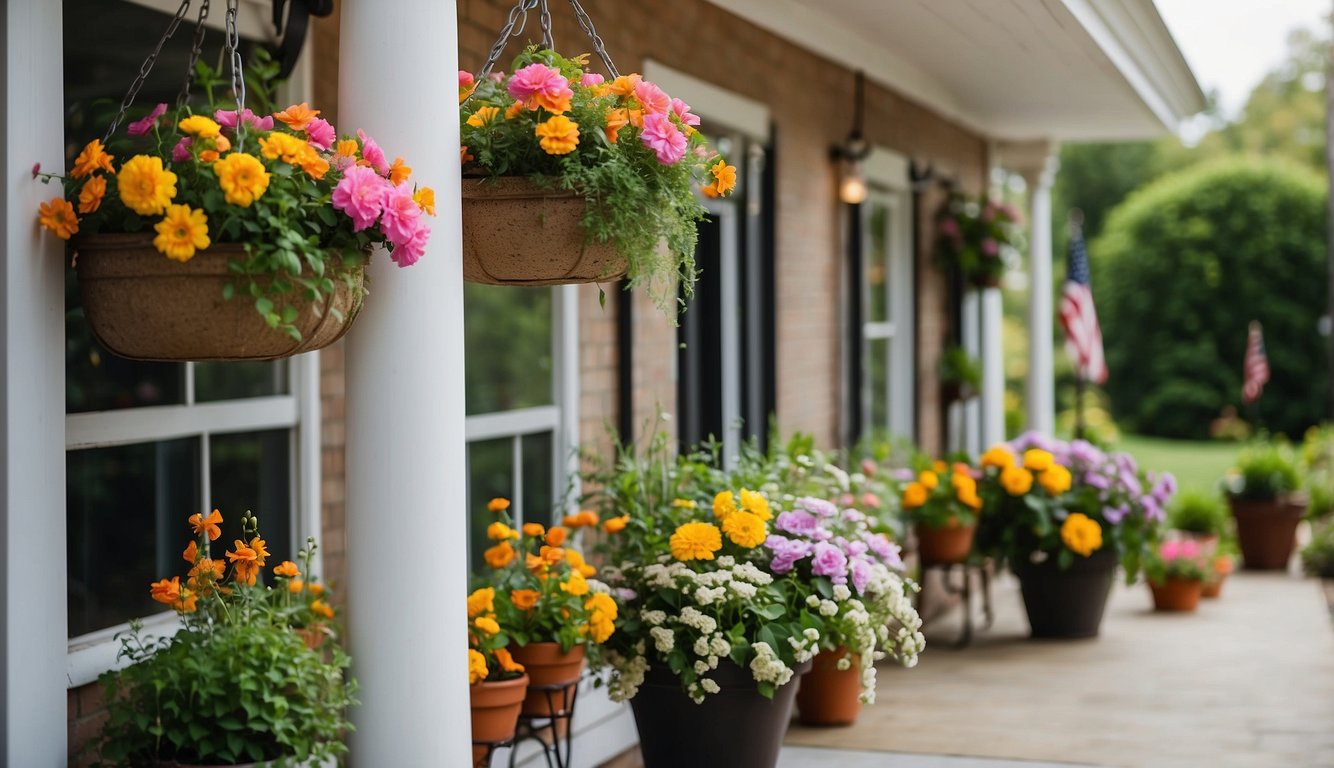 A small porch adorned with vibrant greenery and floral accents. Hanging baskets, potted plants, and colorful blooms elevate the space for spring