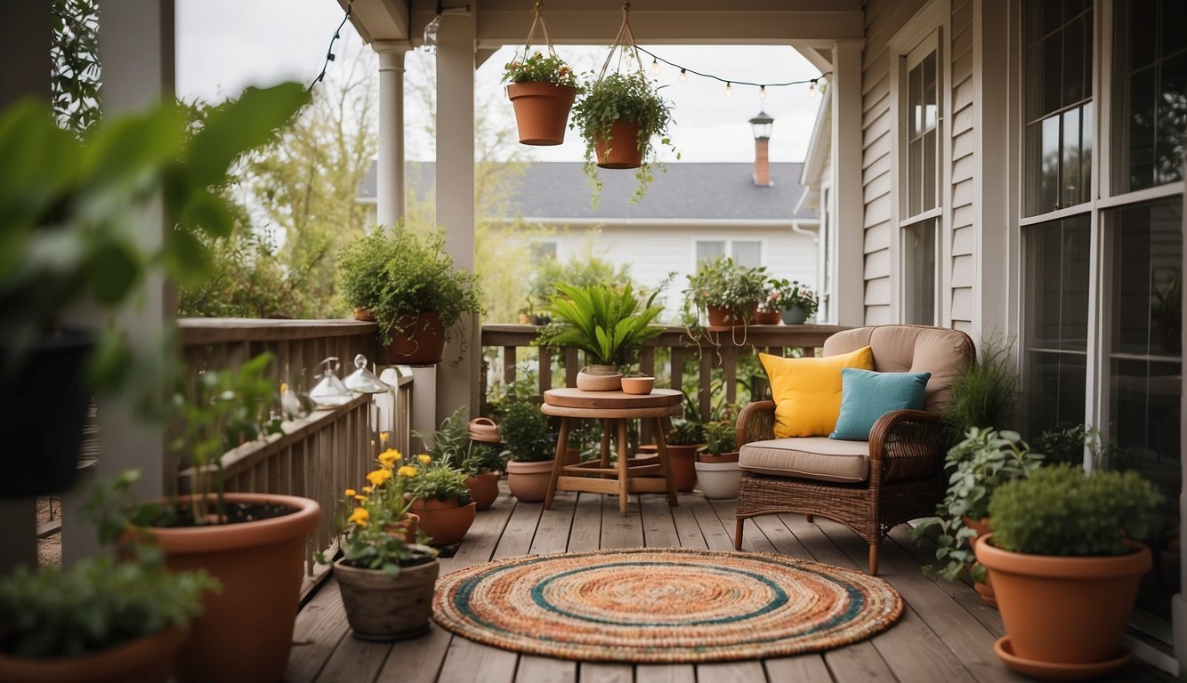 A small porch adorned with potted plants, cozy seating, and string lights. A colorful outdoor rug ties the space together, creating a welcoming and relaxing atmosphere for enjoying the spring weather