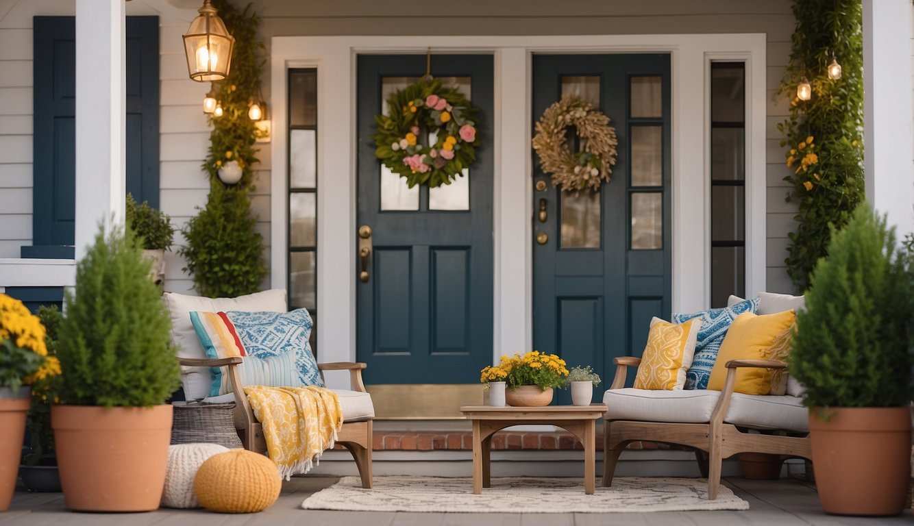 A small porch adorned with potted plants, hanging lanterns, colorful throw pillows, and a cozy outdoor rug. A decorative wreath hangs on the door, and a small table with a vase of fresh flowers completes the inviting scene