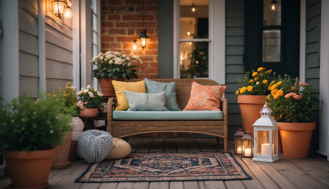 A small porch with potted plants, cozy seating, a welcome mat, string lights, a colorful rug, and decorative pillows. A small table with a vase of fresh flowers and a lantern
