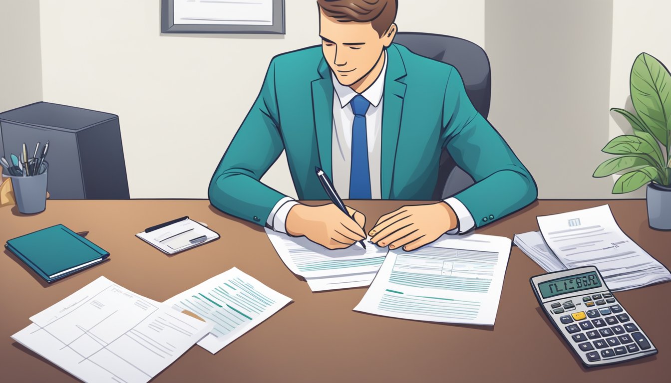 A person signing a personal loan agreement at a bank desk. Documents, pen, and calculator are scattered on the desk. Bank logo in the background
