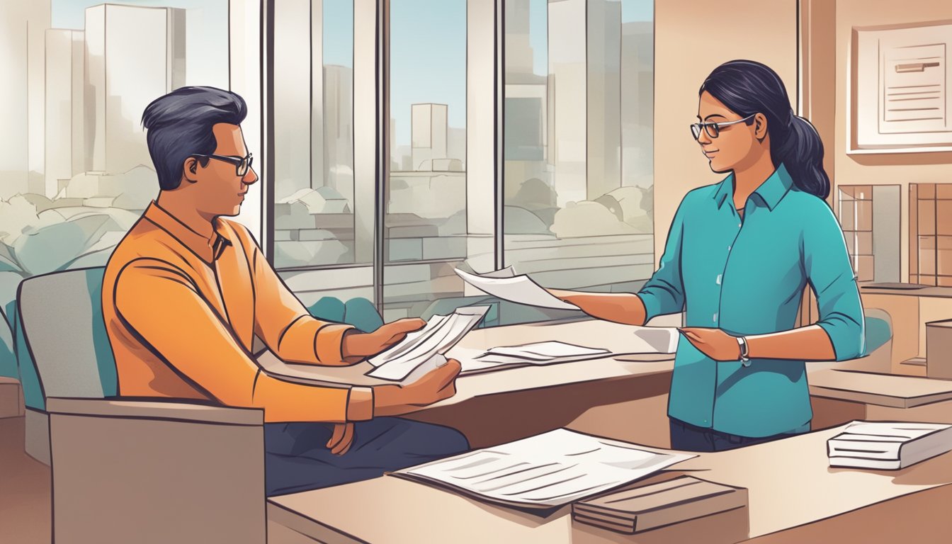 A person paying off a personal loan at an ICICI bank, with a bank representative explaining the pre-closure charges