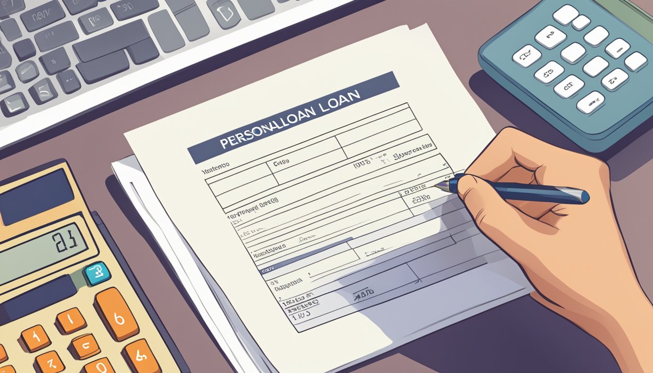 A person holding a document labeled "ICICI Personal Loan Preclosure Charges" with a calculator and pen nearby