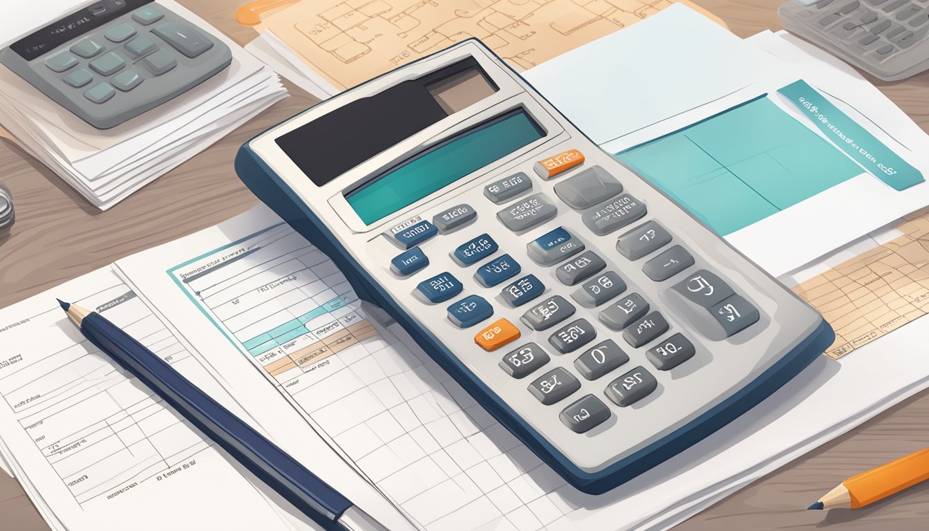 A calculator with the ICICI Bank logo on the screen, alongside a document showing personal loan pre-closure charges and benefits