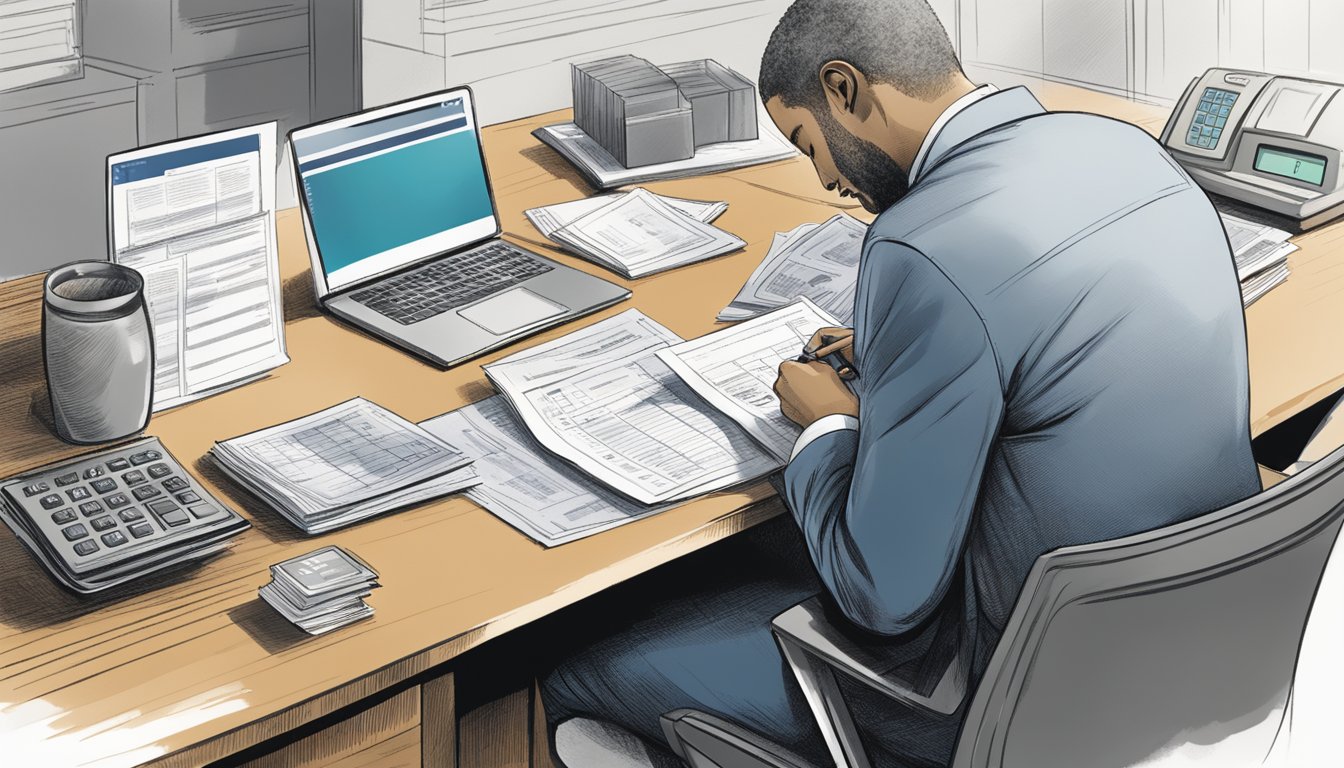 A person sitting at a desk, reviewing paperwork with an American Express logo, a calculator, and a pen in hand