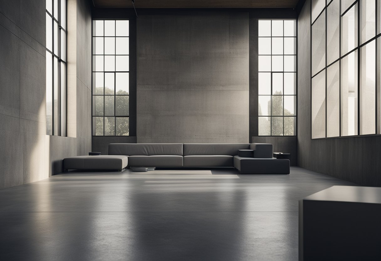 A stark, concrete room with angular furniture and minimal decor. Harsh lighting casts shadows on the textured walls and floor