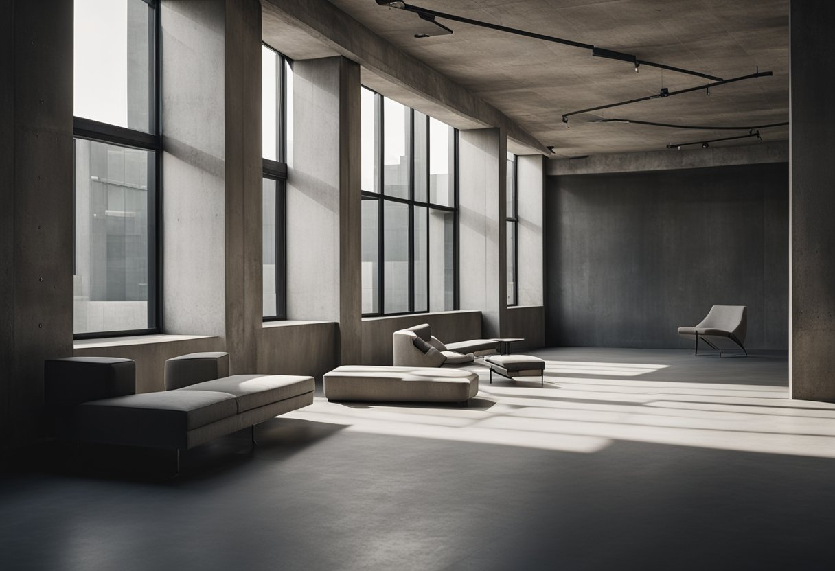 A stark, concrete room with angular furniture and minimal decor. Harsh lighting casts sharp shadows, emphasizing the raw, industrial aesthetic
