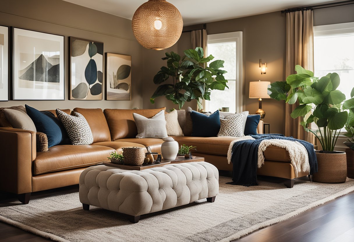 A cozy living room with warm earth tones, plush furniture, and soft lighting. A large area rug anchors the space, while a mix of textures and patterns add visual interest. A gallery wall of artwork and a variety of indoor plants bring life to the