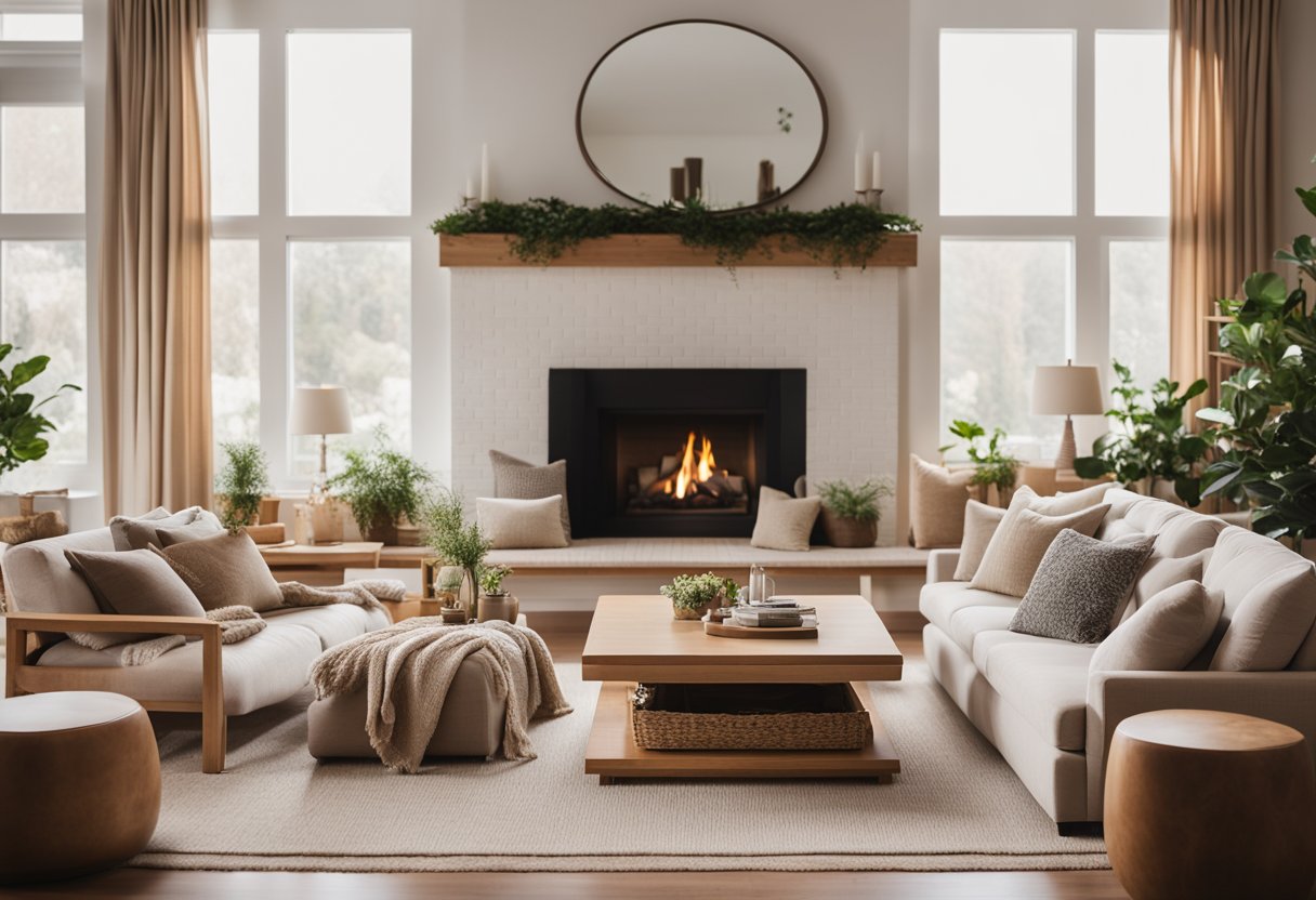 A cozy living room with warm neutral tones, plush textiles, and natural wood accents. A large, inviting sofa sits in front of a fireplace, with soft lighting and greenery adding a touch of freshness