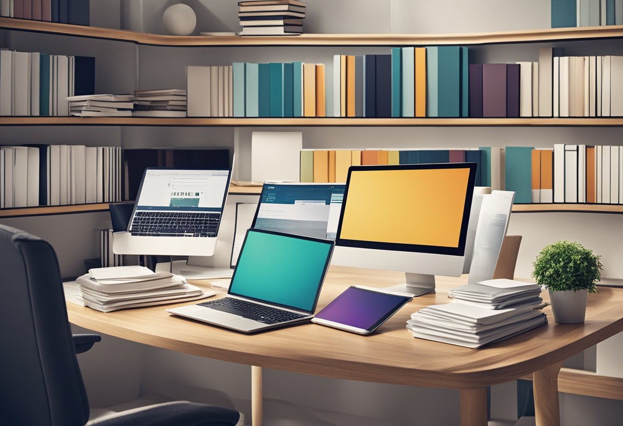 A desk with a computer, tablet, and stylus. Shelves with design books and magazines. Color swatches and fabric samples. Inspirational quotes and sketches on the wall