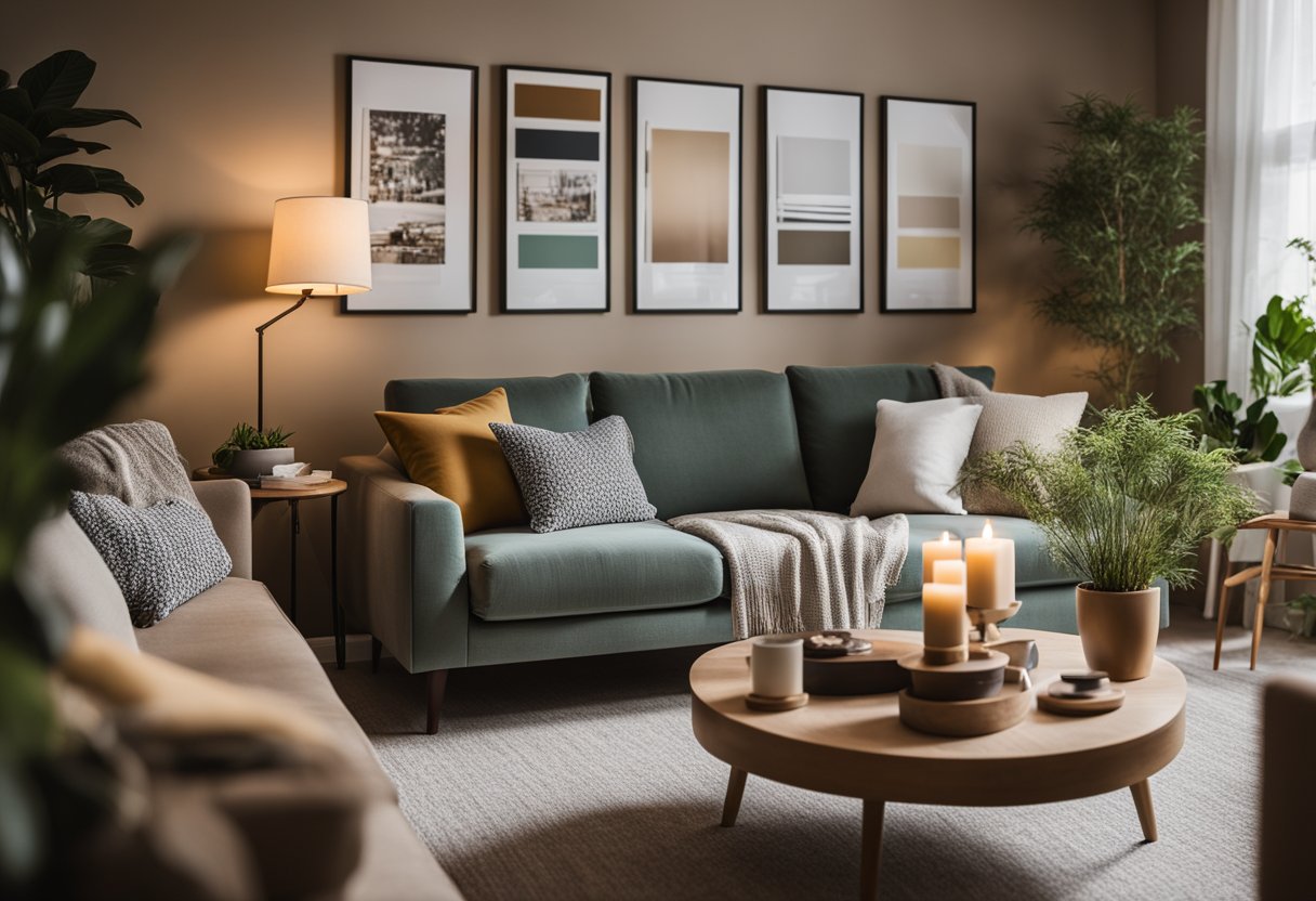 A cozy living room with a mood board on the wall, featuring color swatches, fabric samples, and furniture photos. Warm lighting and plants add to the inviting atmosphere