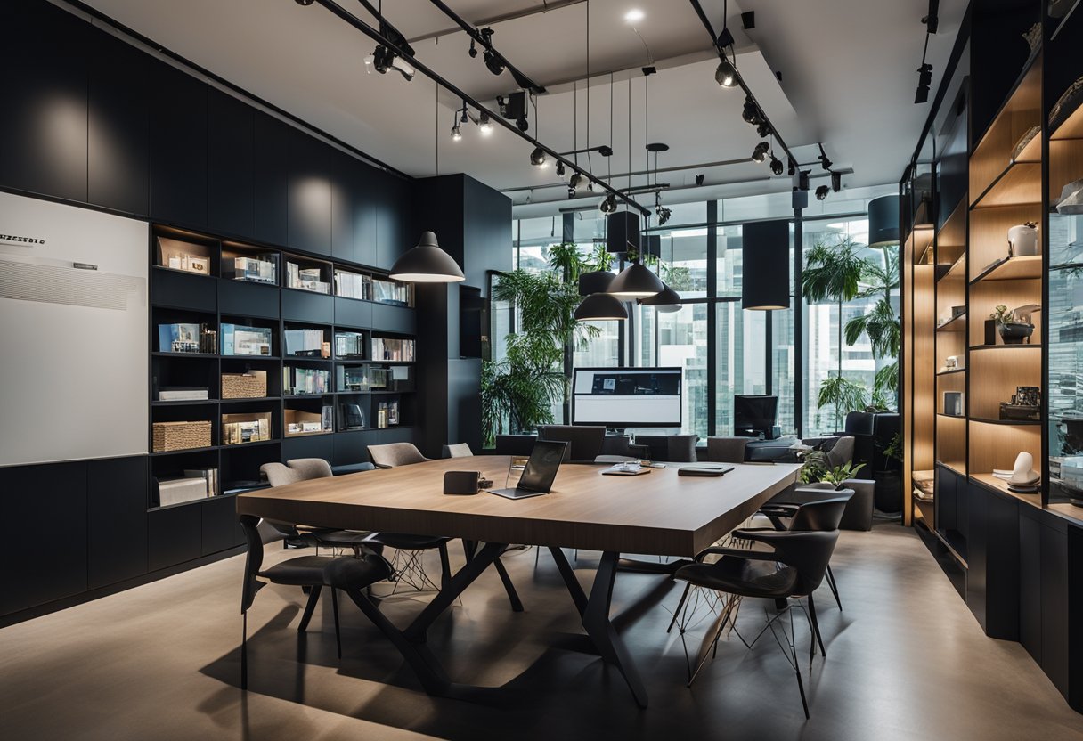 A sleek, modern interior design studio in Singapore, with a wall of design portfolios and a team of designers brainstorming ideas