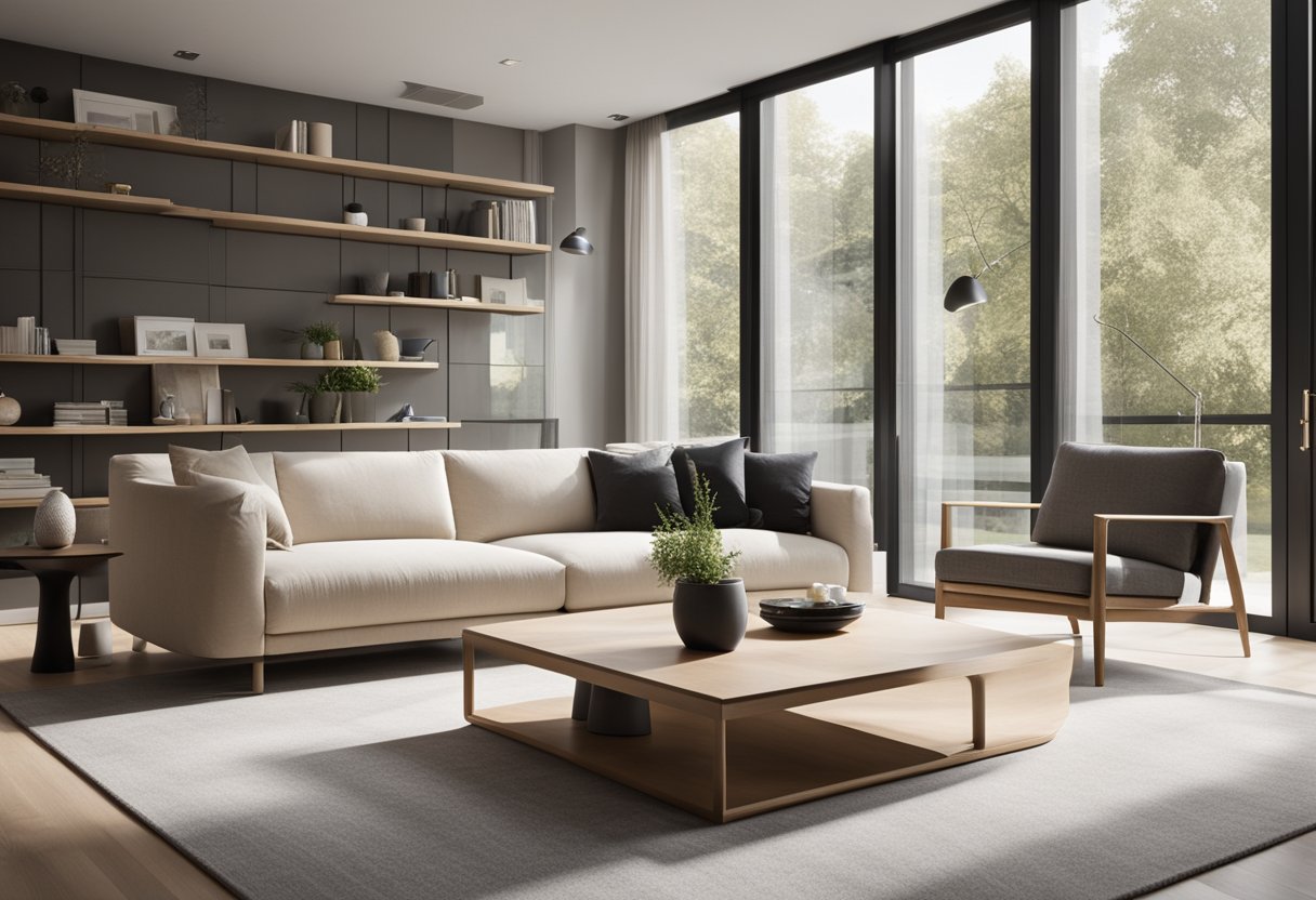 A modern, minimalist living room with sleek furniture, neutral color palette, and plenty of natural light streaming in through large windows