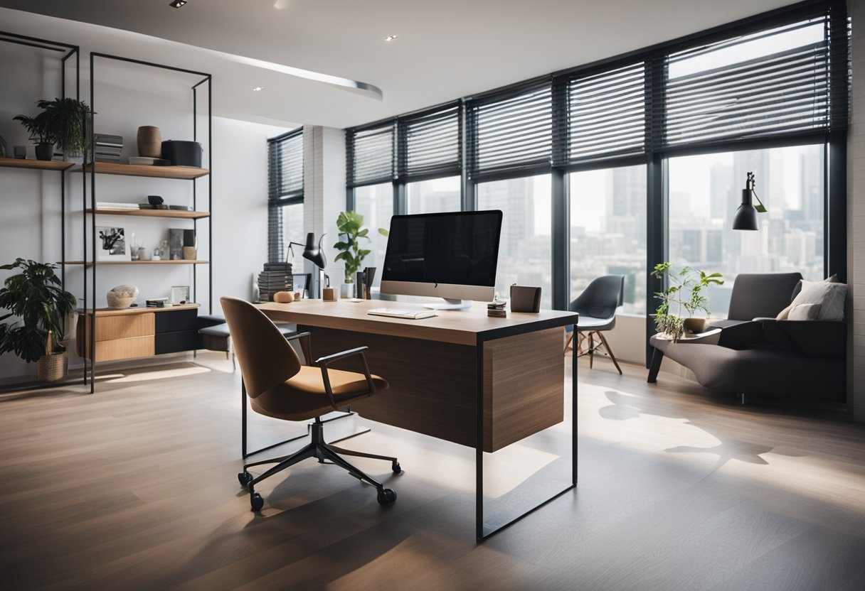 A modern, sleek interior with minimalist furniture and pops of color. A stylish, organized workspace with a cozy, inviting atmosphere