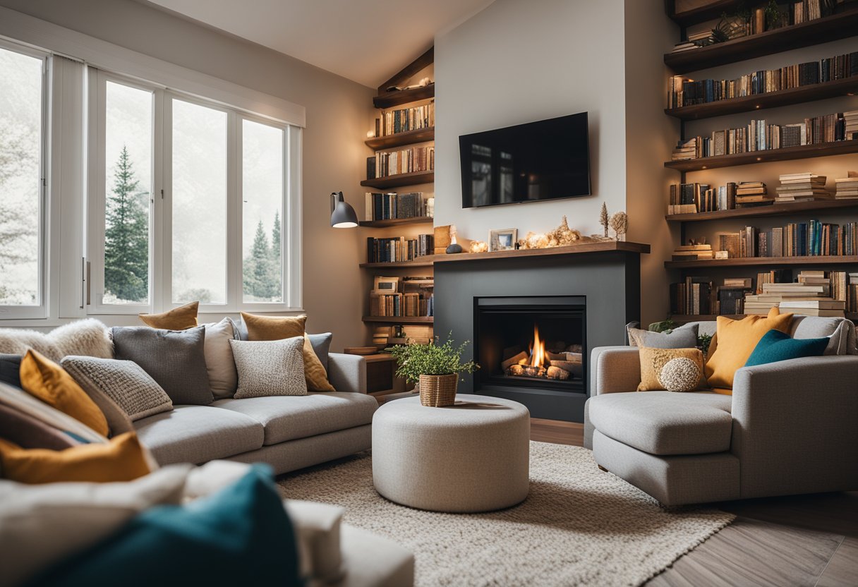 A cozy living room with a large, plush sofa and a warm, inviting fireplace. The room is filled with natural light, and there are colorful throw pillows and soft blankets scattered around. A bookshelf filled with books and decorative objects adds to the cozy