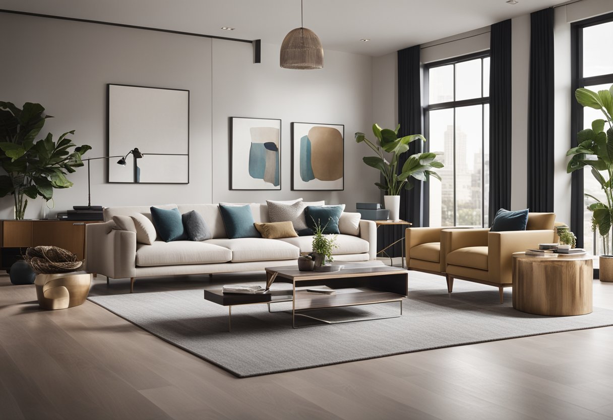 A modern living room with sleek furniture, neutral colors, and pops of vibrant accents. Clean lines and minimalistic decor create a sense of spaciousness and sophistication