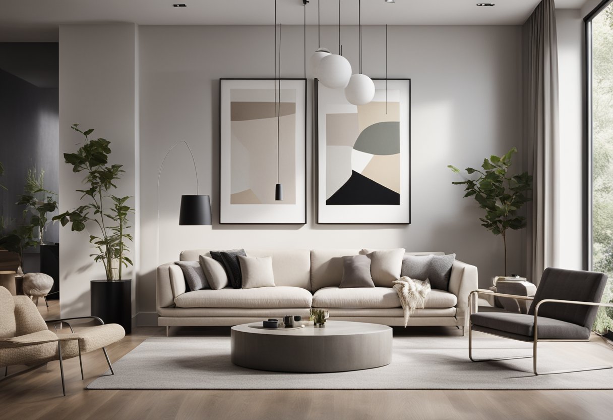 A modern living room with minimalist furniture, clean lines, and neutral colors. Large windows let in natural light, and a statement piece of artwork hangs on the wall