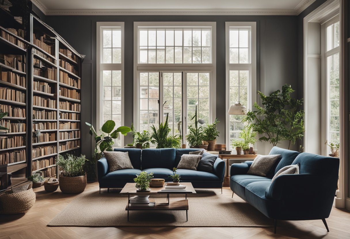 A cozy living room with a large window, plush sofa, and a warm fireplace. A bookshelf filled with books and plants adds a touch of nature to the space
