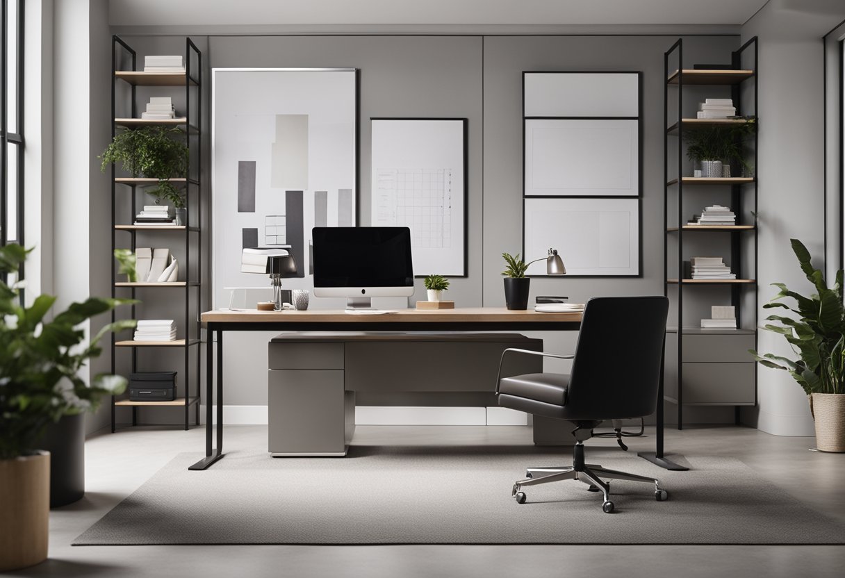 A sleek, modern office space with clean lines, neutral colors, and minimalist furniture. A large desk with a computer and organized shelves create a sense of professionalism and efficiency