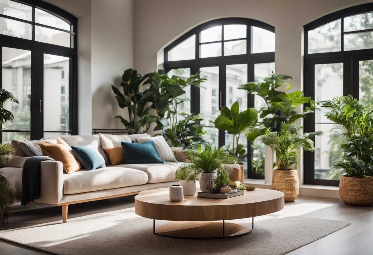 A cozy living room with a stylish sofa, vibrant throw pillows, and a modern coffee table. A large window allows natural light to fill the space, while indoor plants add a touch of greenery