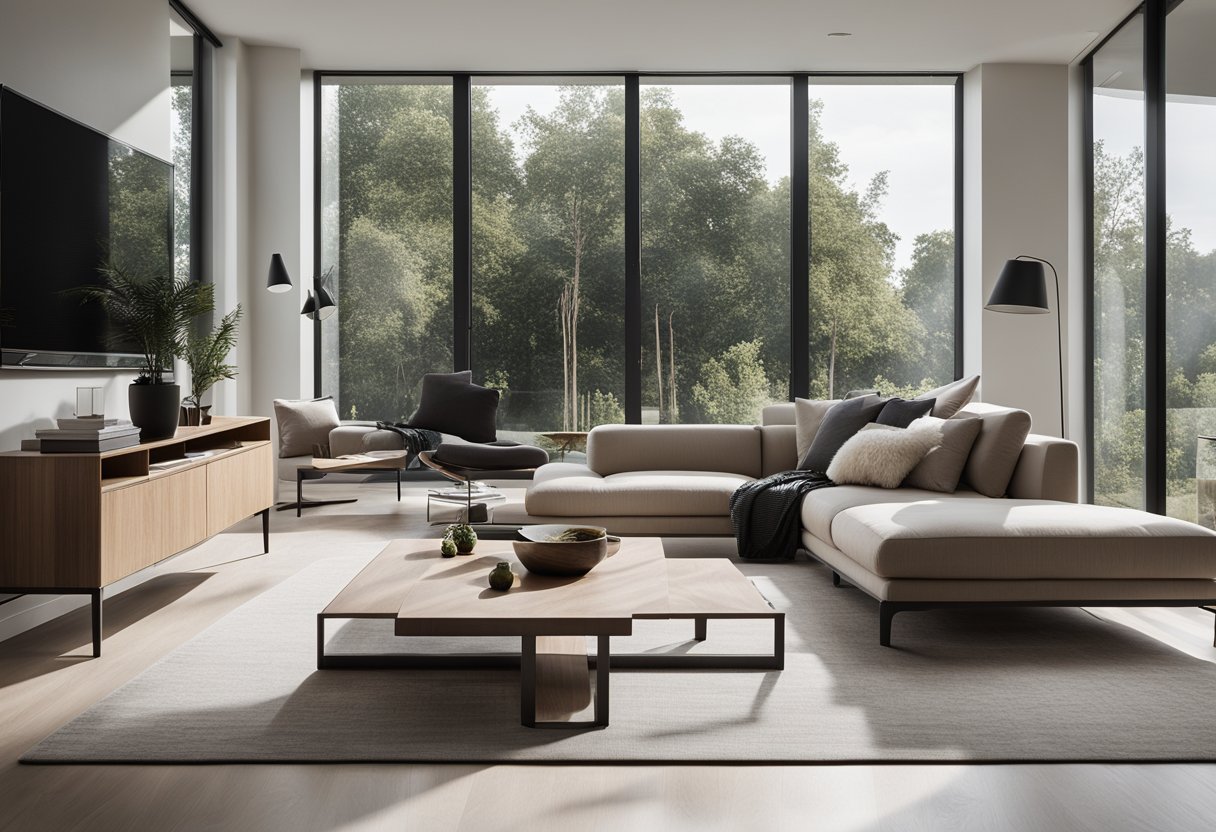 A modern, minimalist living room with sleek furniture and neutral tones. Large windows let in natural light, highlighting the clean lines and open space