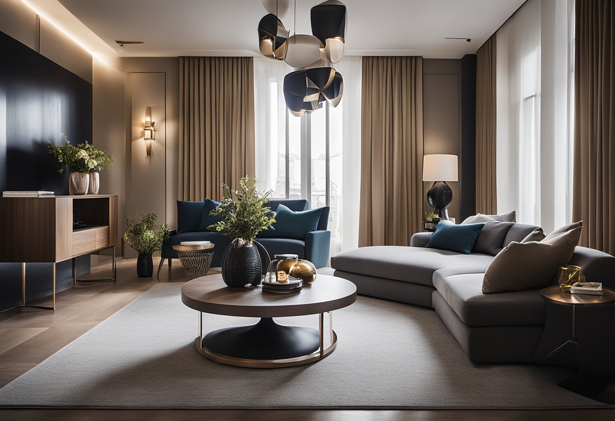 A room with a mix of modern and traditional interior design elements, featuring furniture, lighting, and decor. The space should convey a sense of elegance and sophistication while also feeling comfortable and inviting