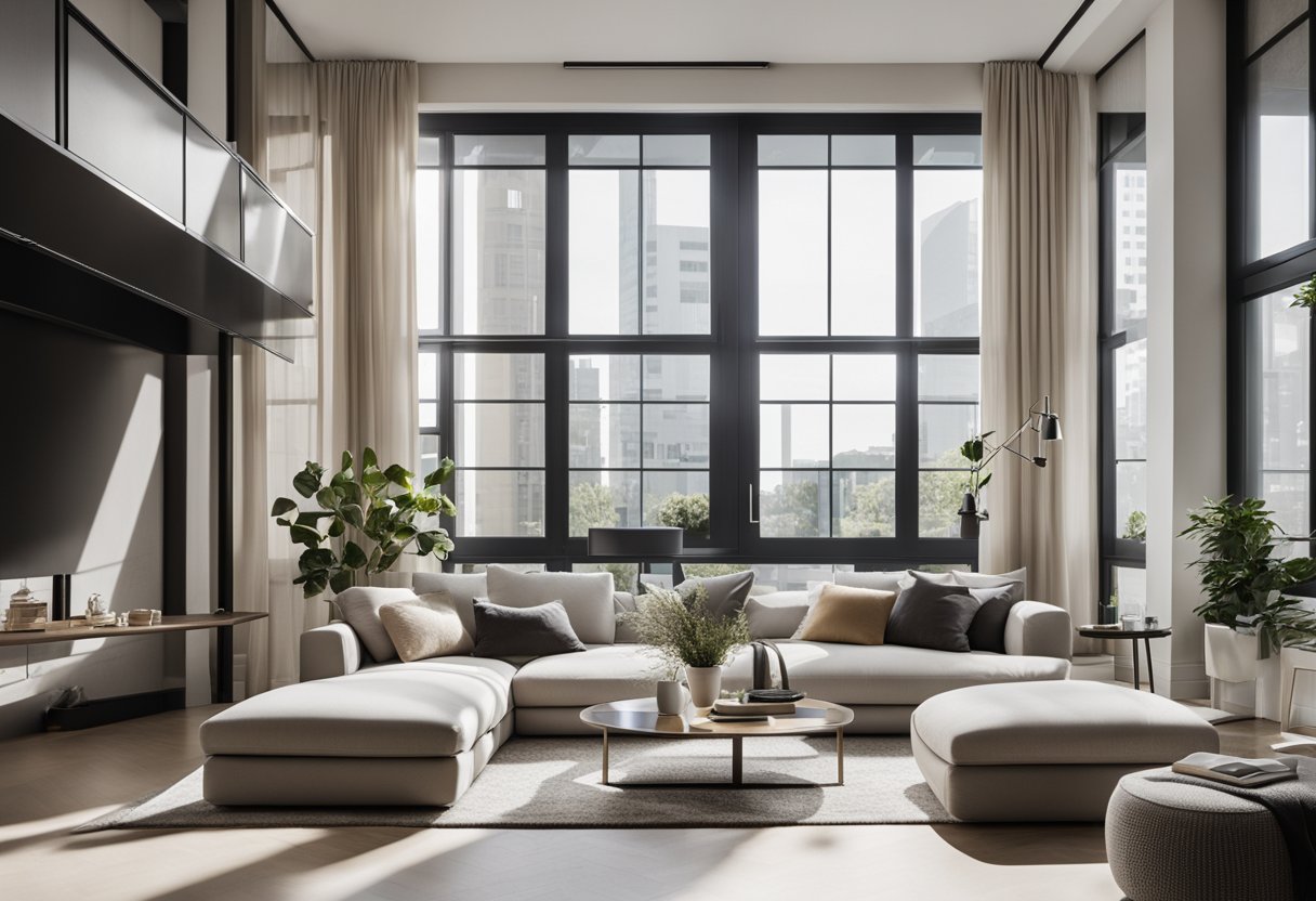 A stylish interior with a modern design, featuring clean lines, sleek furniture, and a neutral color palette. A large window allows natural light to flood the space, creating a bright and inviting atmosphere