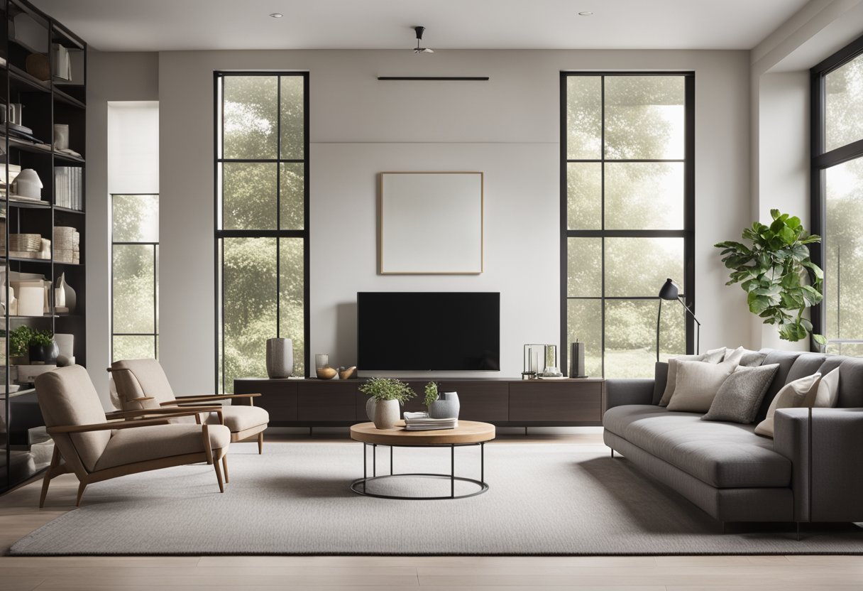 A modern living room with sleek furniture, neutral color palette, and minimalist decor. Large windows allow natural light to fill the space, creating a bright and airy atmosphere
