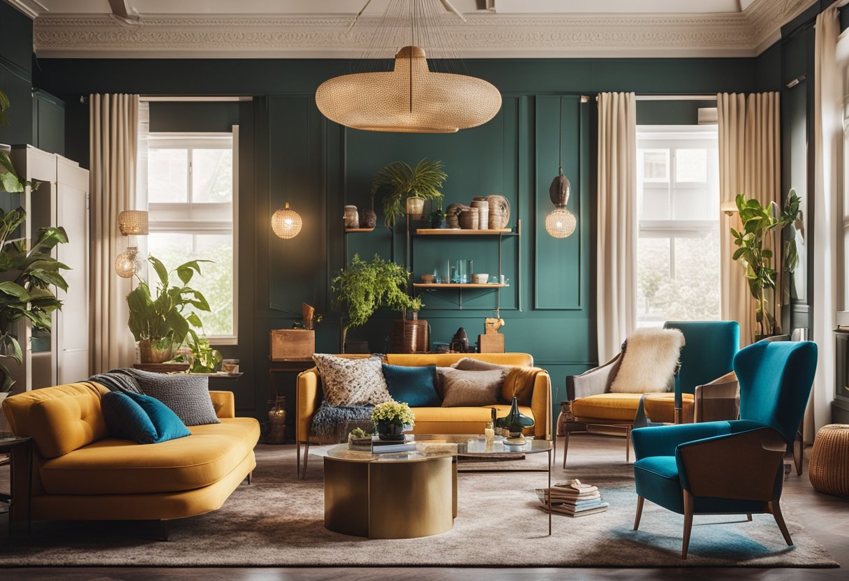 An eclectic interior with mismatched furniture, vibrant colors, and various textures. A mix of vintage and modern decor creates a visually dynamic space